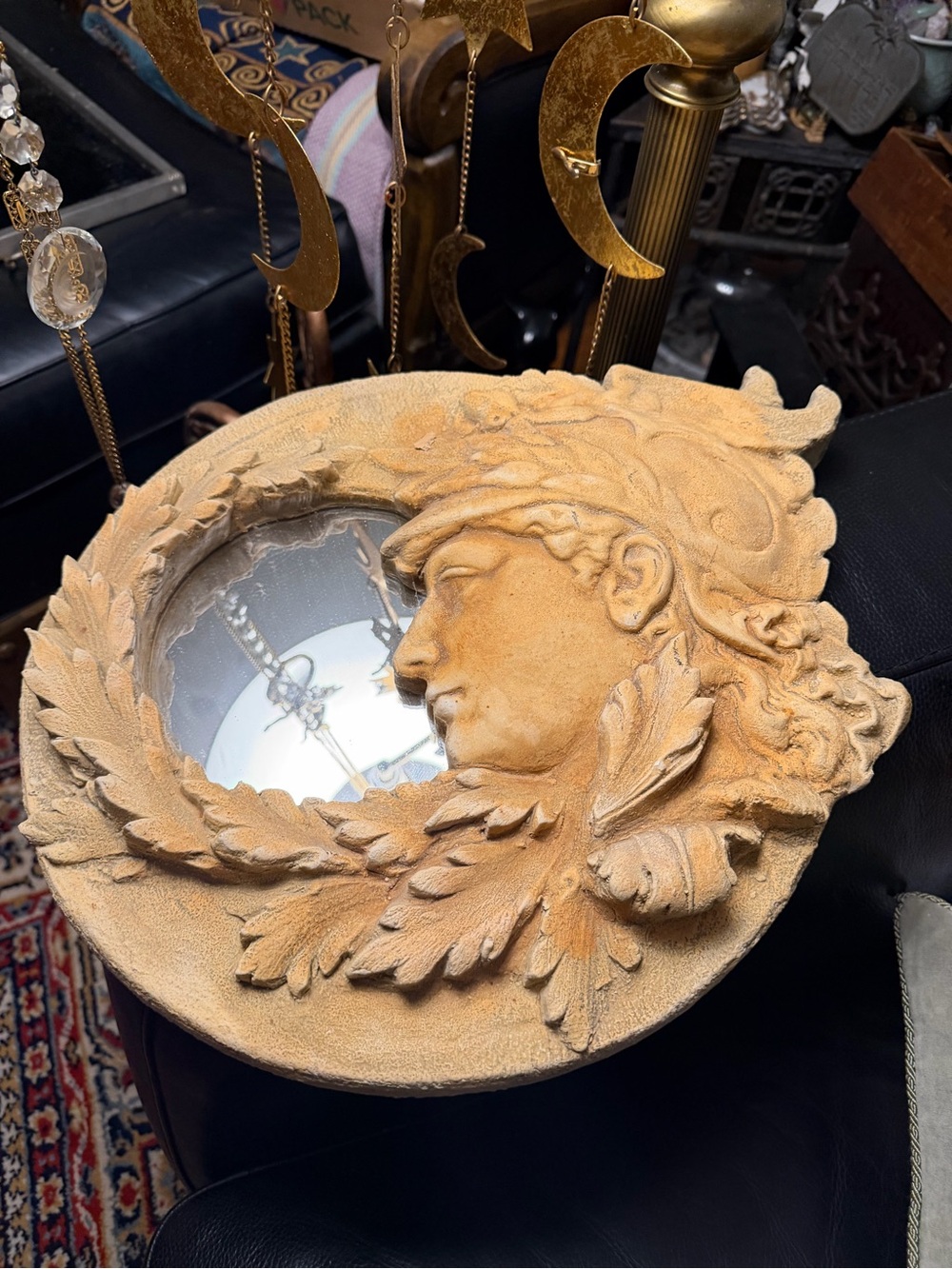 Antique \VTG High Relief Heavy Wall Hanging Mirror Art Nuevo Greek God 16 lbs!!